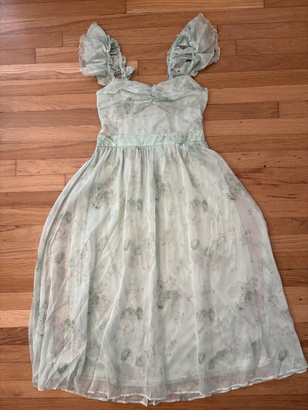 Lulus Green Dress Flowy Floral Garden Open Back Size Large